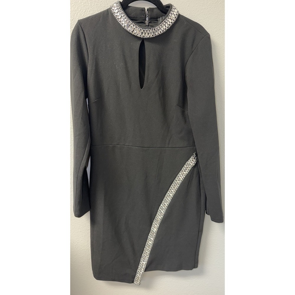 Guess Women's Bodycon Mini Dress Size 8 Black Rhinestone Embellished Long Sleeve